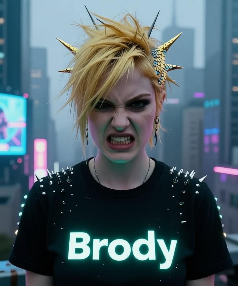Девушка в стиле киберпанк. Золотые импланты, шипы на футболке. Злая.
