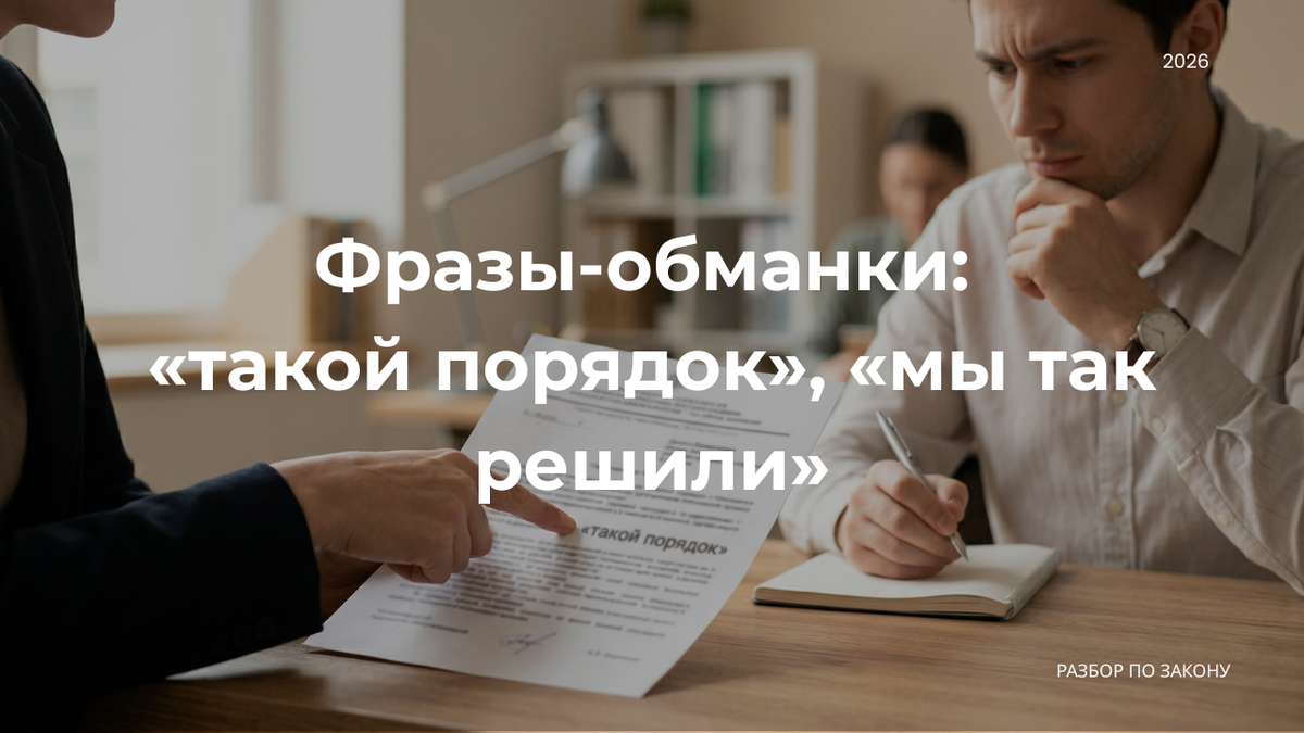 «Такой порядок», «у нас так принято», «все так делают» — знакомо? В статье показываю, почему эти фразы не закон и как на них отвечать.