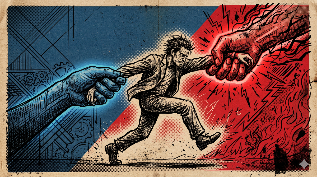 Два голоса в одной голове, красный тянет вперёд сейчас, синий удерживает ради потом.