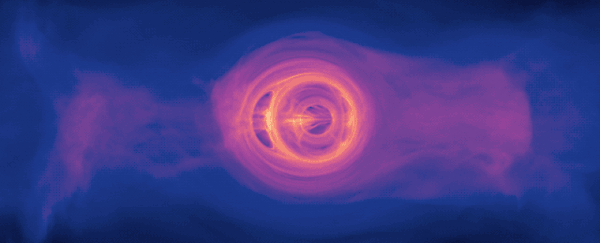 Моделирование двух сверхмассивных черных дыр на грани слияния. (Центр космических полетов Годдарда НАСА)