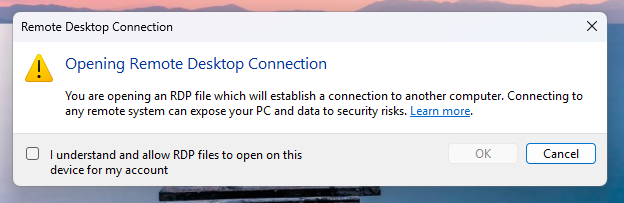 Образовательный диалог предупреждает о рисках, 
связанных с файлами RDP.
Источник: Microsoft.