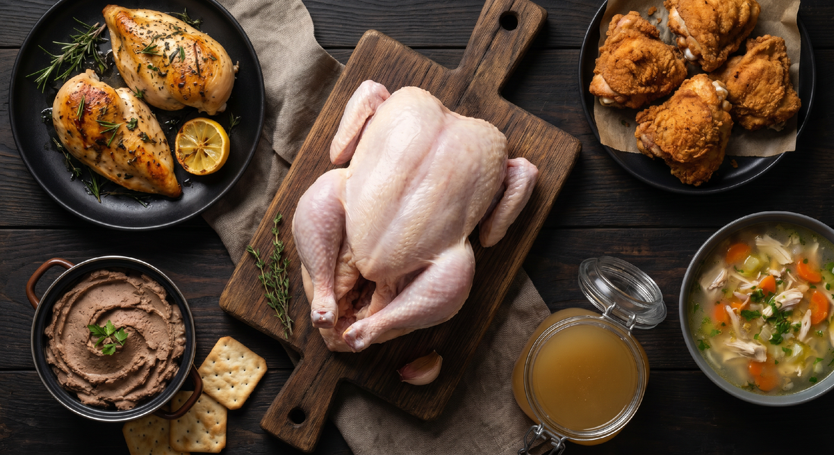 Одна целая курица — пять разных блюд — ноль остатков. Грудка, бёдра, крылья, печень, бульон из костей. Это не магия и не трудно. Это просто правильный подход к продукту который большинство людей использует на треть своих возможностей