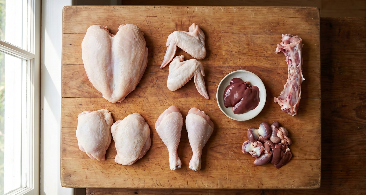 Одна курица — восемь частей плюс потроха. Каждая часть — свой характер, своя техника, своё блюдо. Грудка требует нежного обращения, бёдра любят долгое тушение, спинка отдаёт весь вкус в бульон. Знать это — значит тратить меньше и есть лучше