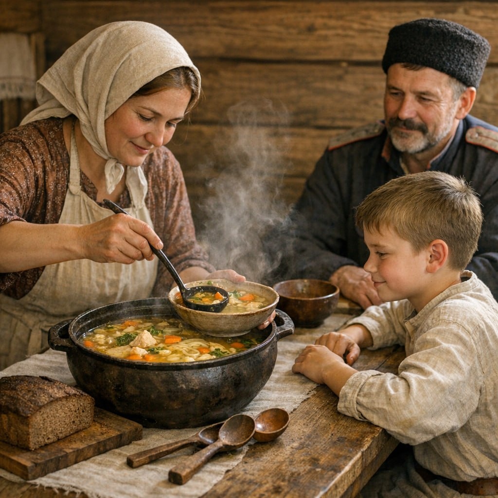 Казачья кухня. Как бережно вернуться к обычному питанию после великого поста.

Любо Братцы! Великий пост завершён, поздравляем тех, кто его прошел целиком и по всем церковным правилам.

Пасха позади, а значит, самое время аккуратно возвращаться к привычной пище.

После долгого воздержания организм отвыкает от тяжёлых продуктов. И у казаков это прекрасно понимали - в еде знали меру и не спешили перегружать желудок.

🕊 Возвращаемся в привычный рацион питания:

После Пасхи не бросайтесь сразу на всё подряд. Вкус многих обычных продуктов станет гораздо насыщенней, но организм не всегда может их хорошо усвоить.

Жизнь подсказывала, начинать постепенно:

• сначала лёгкие блюда и бульоны
• затем - варёное или тушёное мясо
• жирное и жареное вводили позже
• обязательно - тёплая, простая еда

Такой подход помогал сохранить силы и не навредить здоровью.

🥣 Блюдо для восстановления: куриная лапша по-казачьи

Одним из самых подходящих блюд после поста была домашняя куриная лапша.

Его готовили в казачьих семьях на Дону и Кубани сразу после поста, когда нужно было мягко вернуться к сытной пище.

Куриный бульон считался «лечебным» - он согревал, восстанавливал силы и помогал организму привыкнуть к более насыщенной еде.

🧺 Ингредиенты

- курица (лучше домашняя)
- вода
- домашняя лапша
- лук
- морковь
- соль
- лавровый лист
- зелень

🔥 Как готовили

- Курицу варили на медленном огне, снимая пену, чтобы бульон получился прозрачным.

- Добавляли лук и морковь, немного соли и лавровый лист. Варили до готовности мяса.

- Затем засыпали домашнюю лапшу и доводили до готовности.

- Перед подачей посыпали свежей зеленью.

🌿 У казаков ценили не только сытную, но и разумную пищу.
После поста важно не спешить - дать организму время восстановиться.

А уже потом - возвращаться к более плотным и праздничным блюдам.
Но помните - еда должна быть прежде всего полезной!