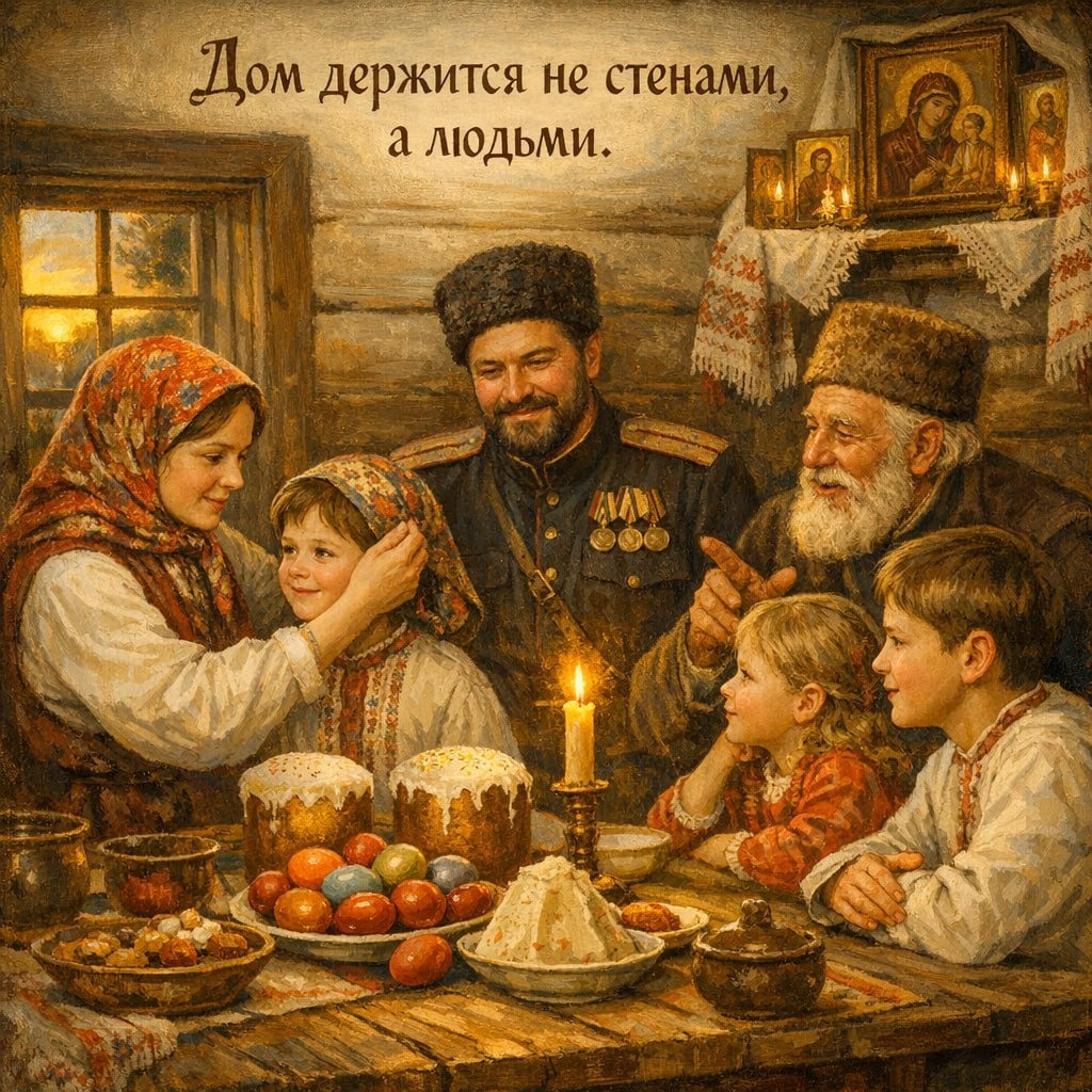 Сегодня в рубрике «Казачьи поговорки» теплые и близкие каждому человеку слова:

«Дом держится не стенами, а людьми»

С первого взгляда всё просто, но за этой фразой стоит целая жизнь. Для казаков дом всегда был не просто крышей над головой. Это место, где собирается семья, где поддерживают друг друга, где делят радость и переживают трудности вместе.

Какими бы крепкими ни были стены - без людей в них пусто. А вот даже самый скромный дом становится настоящей крепостью, если в нём есть уважение, забота и любовь.

Именно это создаёт ту самую атмосферу, в которую хочется возвращаться.

У казаков семья всегда стояла на первом месте. Старших уважали, младших берегли, а в трудную минуту каждый знал что его всегда поддержат. Эта сплочённость делала сильнее не только отдельную семью, но и всё казачье сообщество.

Сегодня смысл этой поговорки остаётся таким же важным. Поддержка близких, тёплые слова, совместная жизнь - вот что делает любой дом по-настоящему родным.

Особенно ярко эти слова звучат сейчас, накануне большого и светлого праздника ✨
Уже в это воскресенье мы будем встречать Пасху — время, когда семьи собираются вместе, делятся теплом, радостью и добрыми традициями.

А завтра, в субботу, многие пойдут освящать куличи и пасхальные угощения 🕊

Пусть в каждом доме будет уютно не из-за стен, а благодаря людям, которые в нём живут. Пусть рядом всегда будут родные и близкие, а в сердце спокойствие и свет.

Желаем вам добра, мира, крепкого здоровья и настоящего семейного тепла 🤍

Любо братцы!

#казачьякухня #великийпост