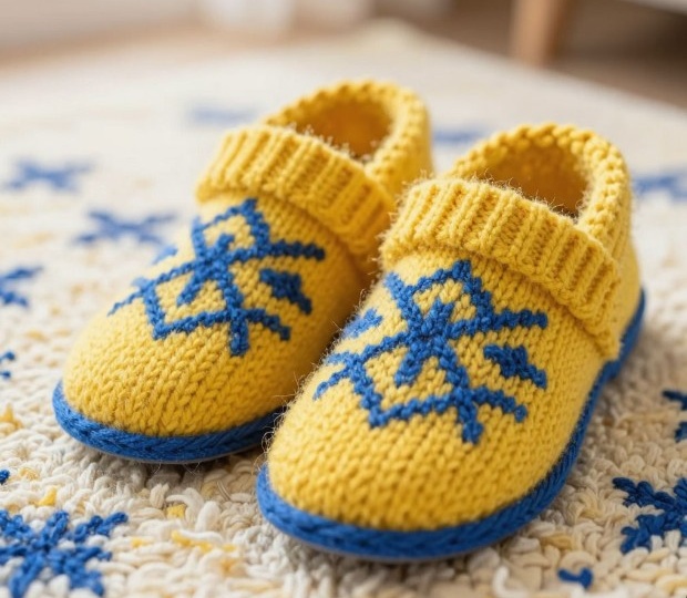 Яркое настроение: жёлтые тапочки с синими снежинками