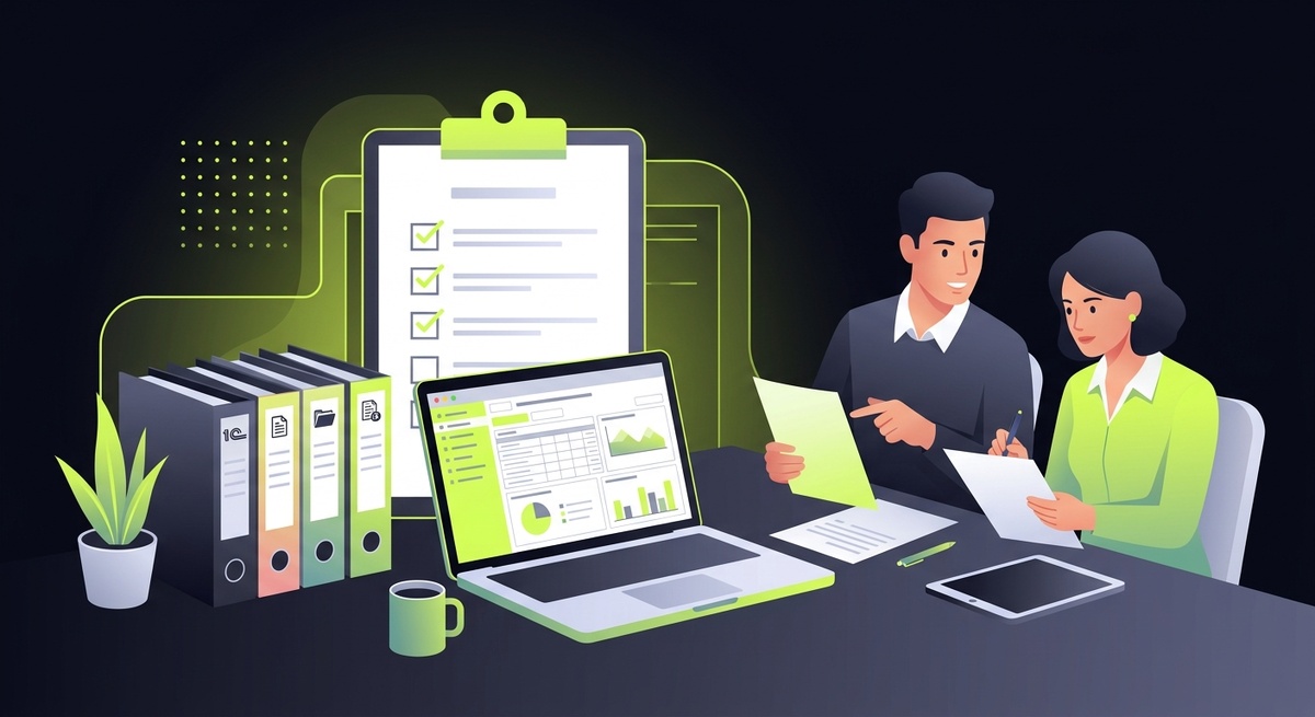    A checklist document on a desk with accounting folders, a laptop showing 1C interface, and two people reviewing documents together