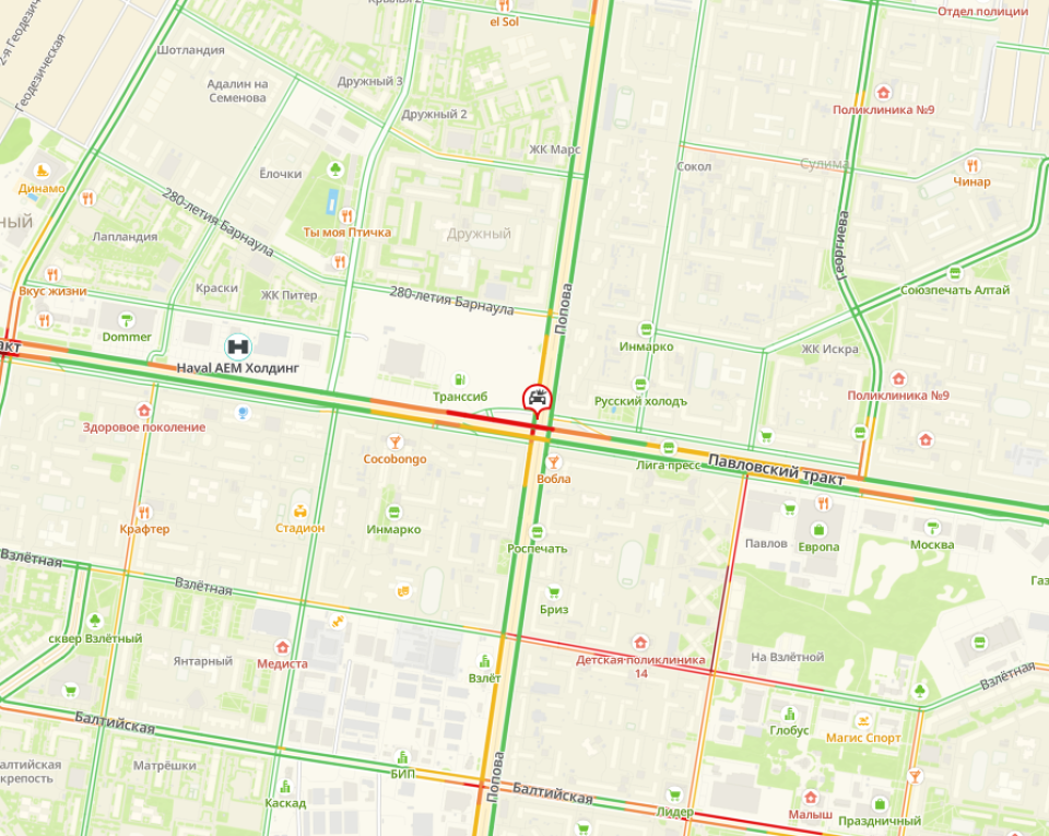    Пробка на перекрестке Павловского тракта и Попова. Источник: 2ГИС