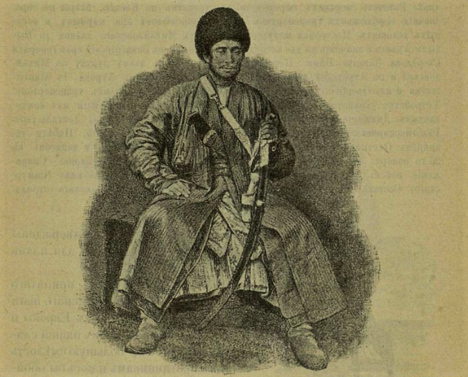Мелик-хан, один из туркменских вождей XIX века. Если присмотреться, можно заметить ремешок-редже, надетый на верхний квиллон гарды.