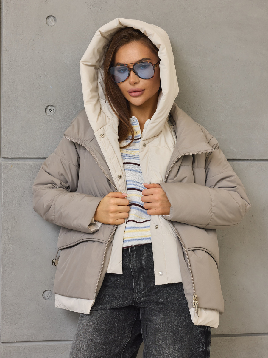 Куртка демисезонная с капюшоном Lakomes (серый с молочной подкладкой)