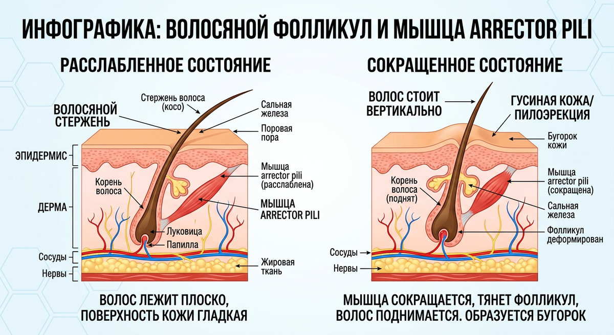 схематичное изображение волосяного фолликула и мышцы arrector pili в сокращенном и расслабленном состоянии