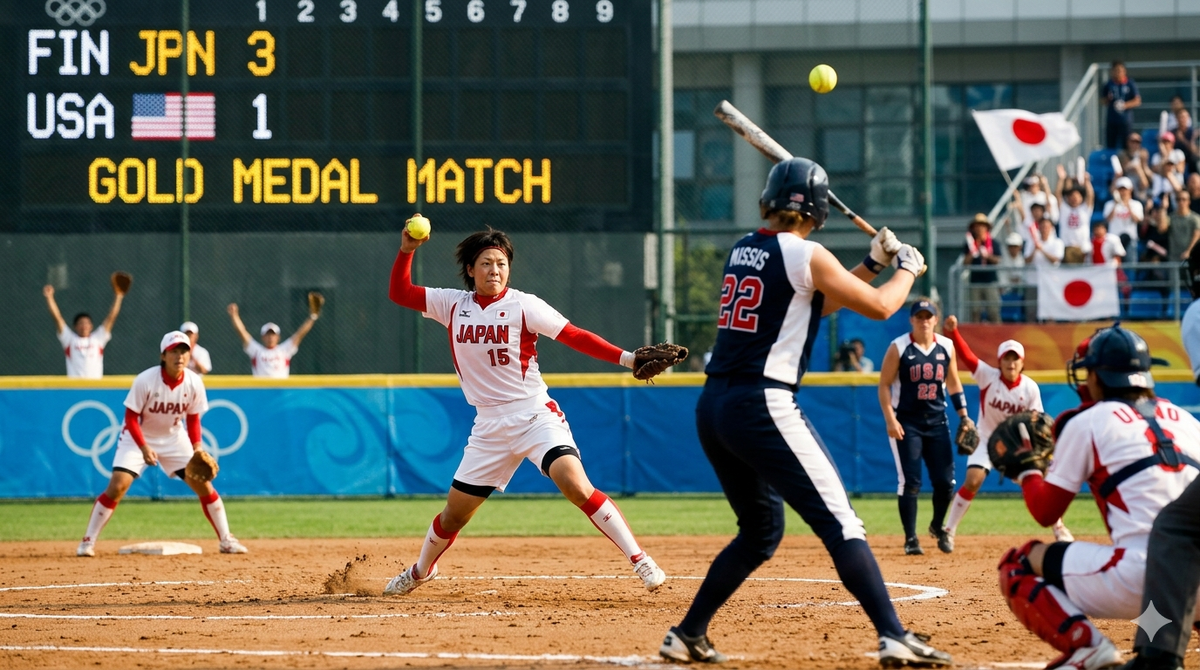 Триумф воли: Легендарная Юкико Уэно в тот самый момент, когда её «невозможные» подачи приносили Японии золото. Взгляд, в котором читается вся история японского софтбола — от школьных тренировок до олимпийского пьедестала. Изображение сгенерировано с помощью ИИ.