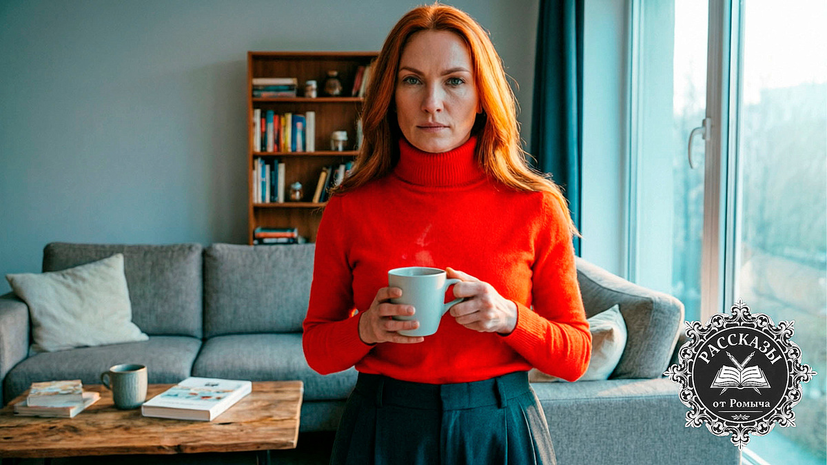 Женщина с яркими медно-рыжими волосами и пронзительными изумрудно-зелеными глазами стоит в помещении у большого окна. Ее лицо спокойное и решительное, освещенное холодным утренним светом.