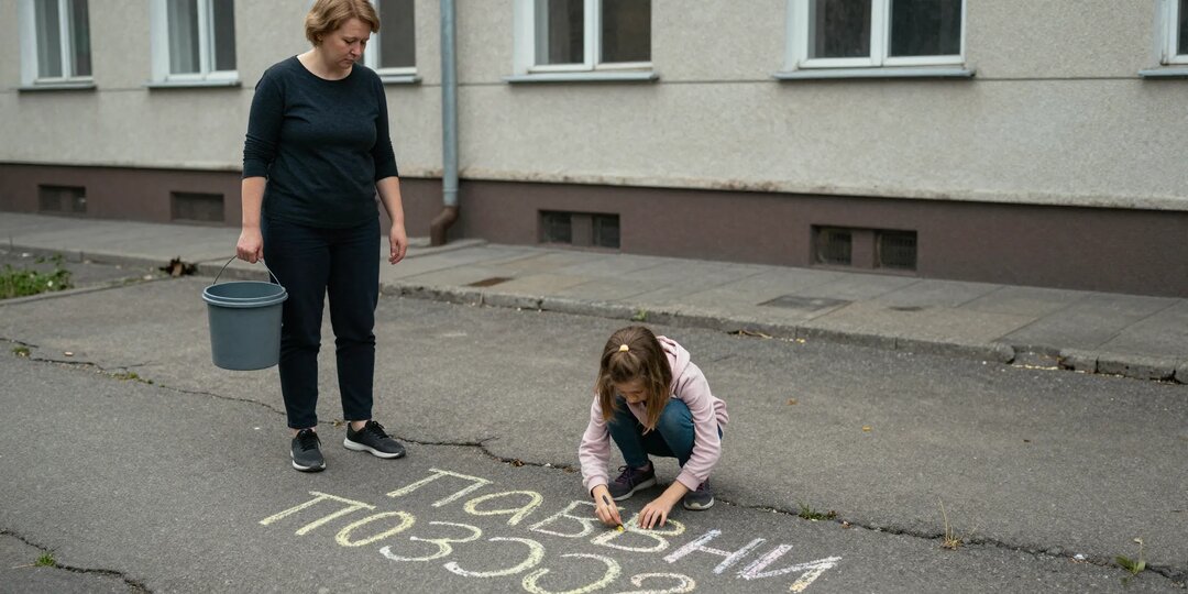 Дочь писала номер отца мелом на асфальте. Я вынесла ведро воды