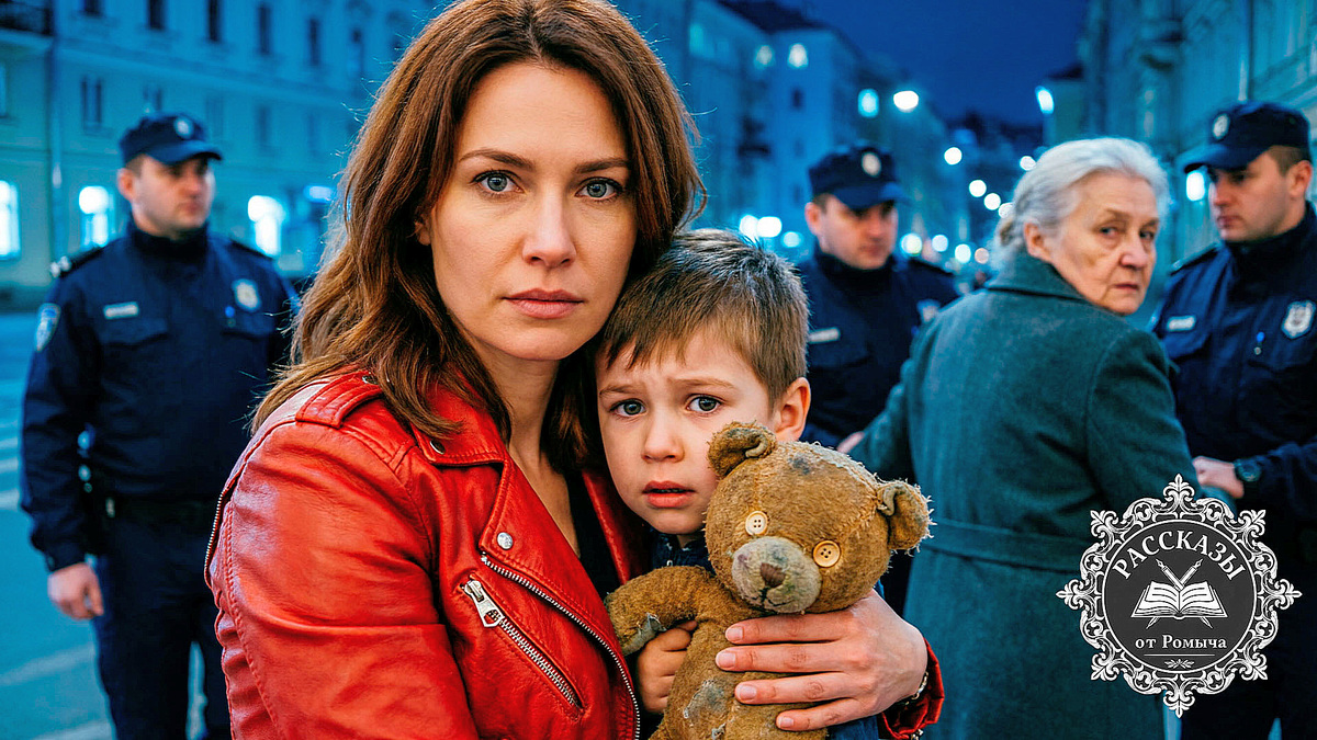 Женщина, темно-серые глаза, каштановые волосы, одета в ярко-красную кожаную куртку с фактурными швами и металлическими молниями. Она стоит вполоборота, обнимая напуганного маленького мальчика, который прижимает к себе старого плюшевого мишку.