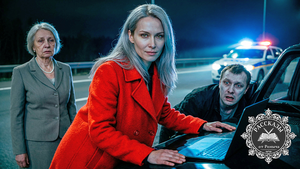 Ночное шоссе, свет фар патрульной машины разрезает темноту. На переднем плане женщина с пепельно-русыми волосами и оливковыми глазами, одетая в ярко-красное шерстяное пальто с грубой фактурой ткани. Она стоит у капота черного внедорожника, на котором стоит открытый ноутбук, её лицо выражает холодное, жесткое торжество.
