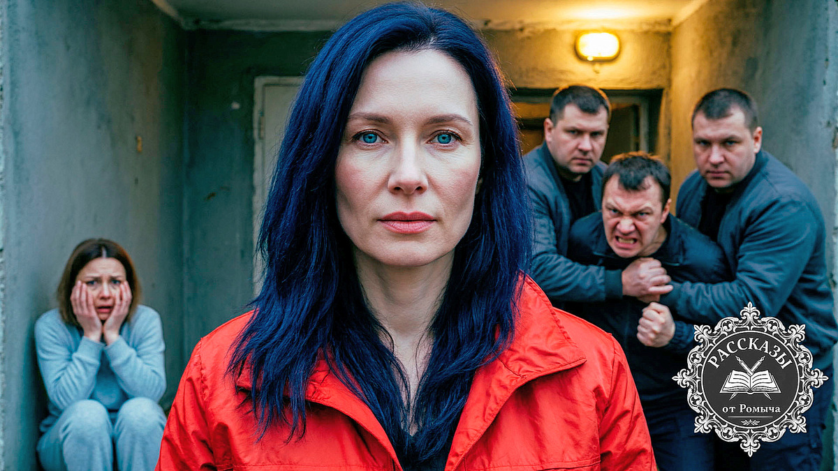 Женщина с иссиня-черными волосами и пронзительными васильково-синими глазами. На ней надета ярко-красная демисезонная куртка из плотной матовой плащевки с четкими фактурными складками. Лицо выражает холодное, торжествующее спокойствие.