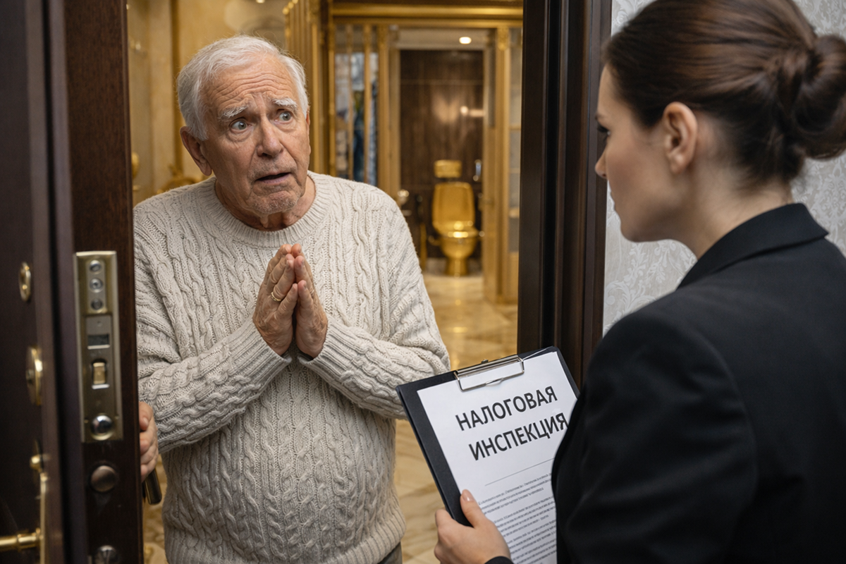    Инспекторы придут к вам в гости, чтобы узнать, как вы смогли купить золотой унитах при пенсии в 25 тысяч. Фото: нейросеть