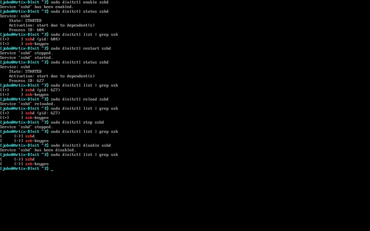 Манипуляции с сервисом ssh в системе инициализации DInit