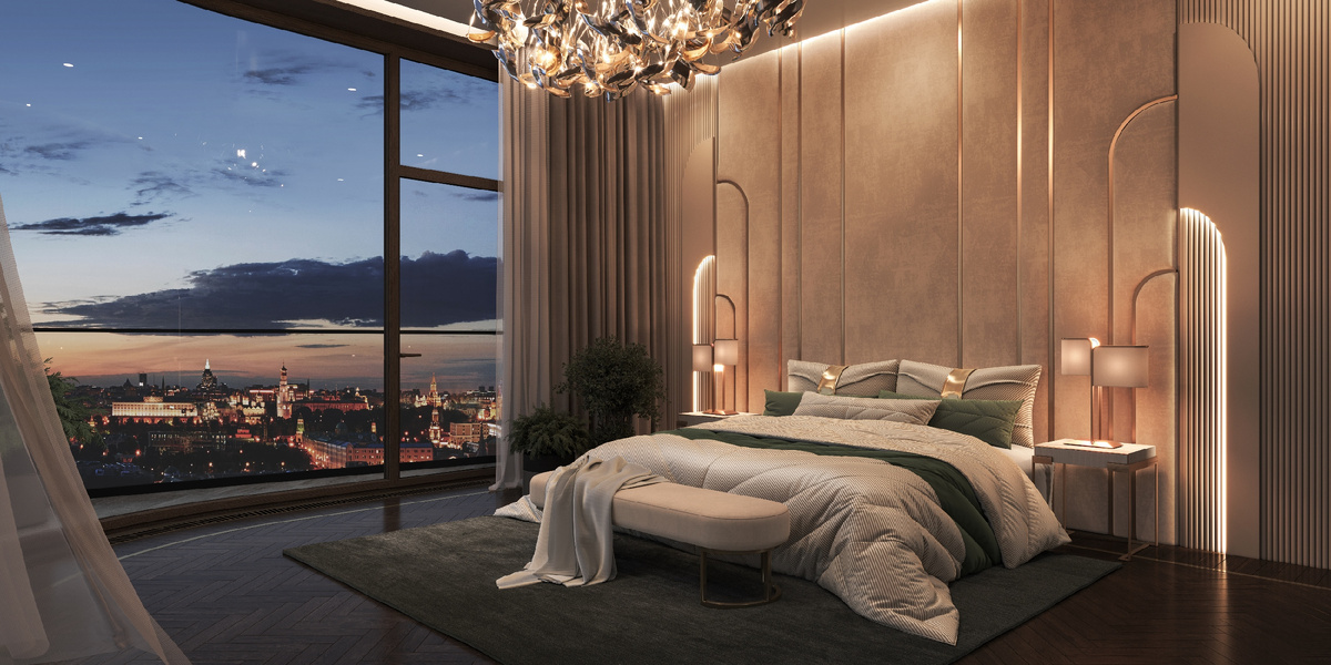 Мастер-спальня с видом на Кремль в доме «Лаврушинский»