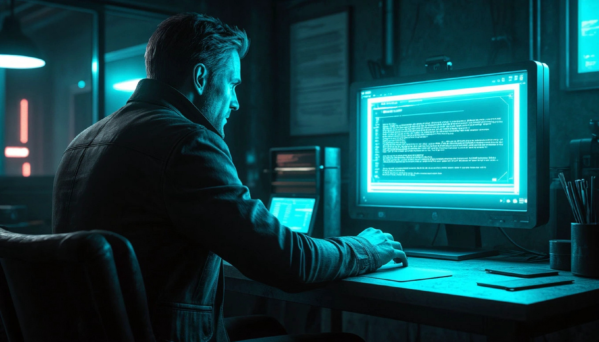 Допрос чат-бота. Искусственный интеллект берёт вину на себя. Киберпанк-детектив. Иллюстрация.