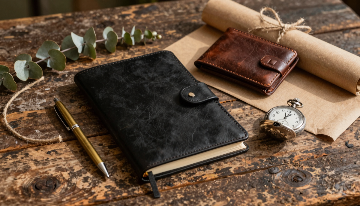 Как выбрать подарок, если не знаешь человека? Кожаный блокнот, латунная ручка, серебряные карманные часы на дубовой доске.
