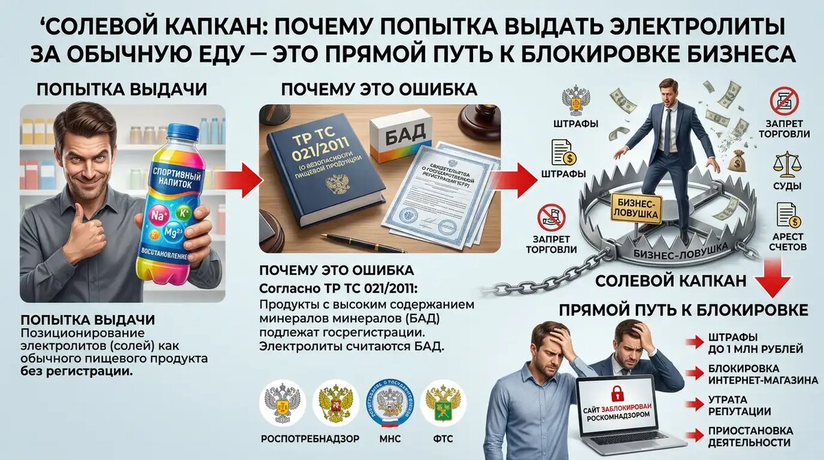 Единственный законный документ для продажи электролитов — СГР на спортивное питание. Обычная декларация ТР ТС 021 здесь не применима.