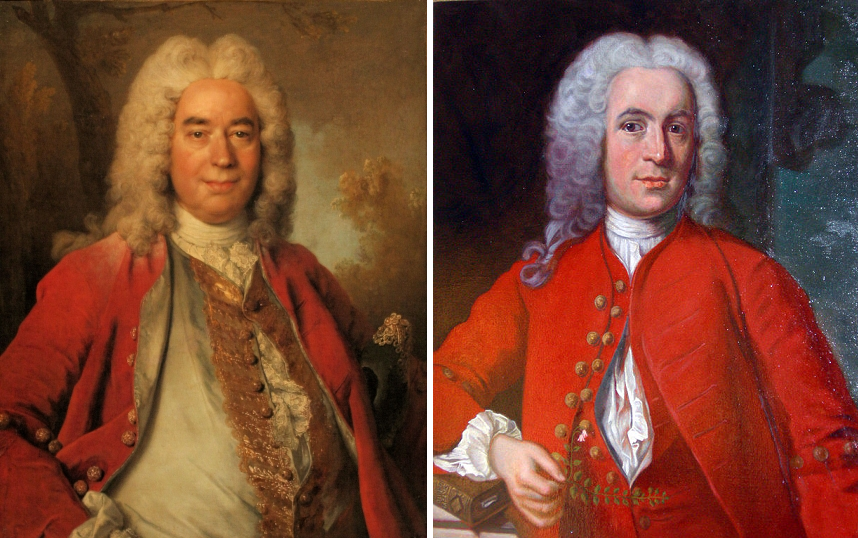 Слева - "Портрет  Филиппа Нерико Детуша", Николя де Ларжильер, 1741, Муниципальный музей Бург-ан-Бреса. Справа - "Портрет Карла Линнея в свдебном костюме", Юхан Шеффель, 1739, Уппсальская университетская библиотека