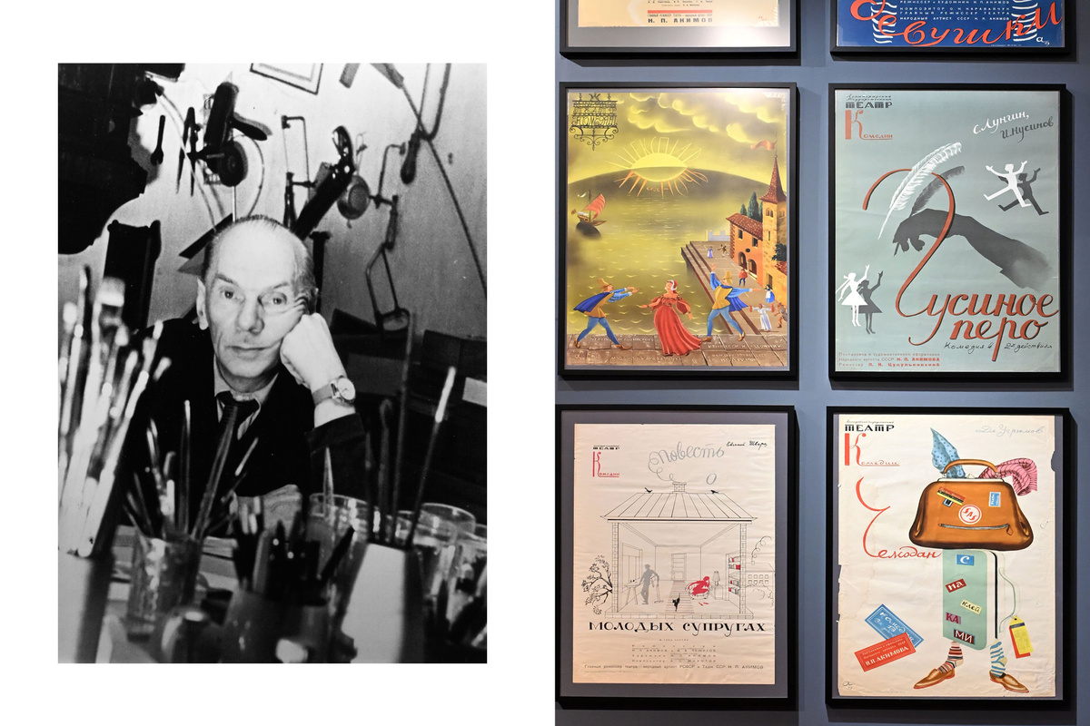    Слева: фотография Николая Акимова / экспозиция выставки «Николай Акимов и ученики»