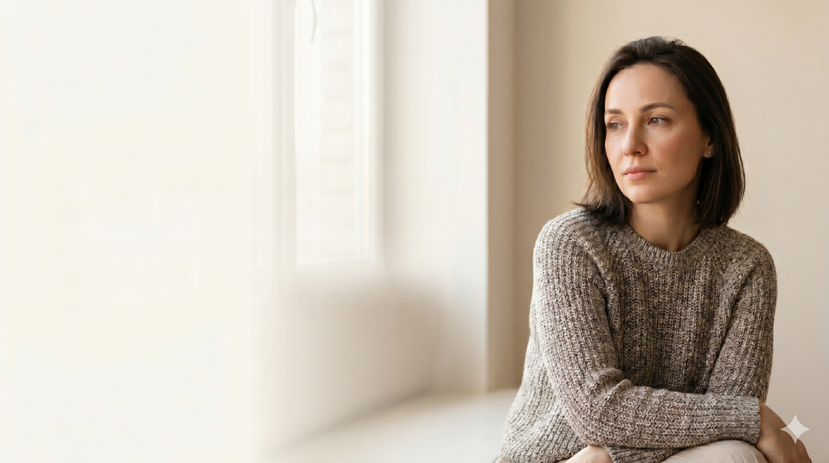 Задумчивая женщина сидит у стола с блокнотом и кофе в мягком утреннем свете, в момент паузы и размышлений о себе