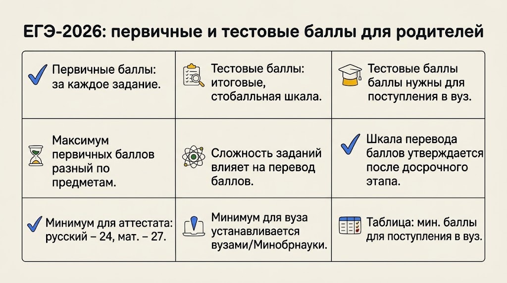 ЕГЭ-2026: первичные и тестовые баллы для родителей  📷
