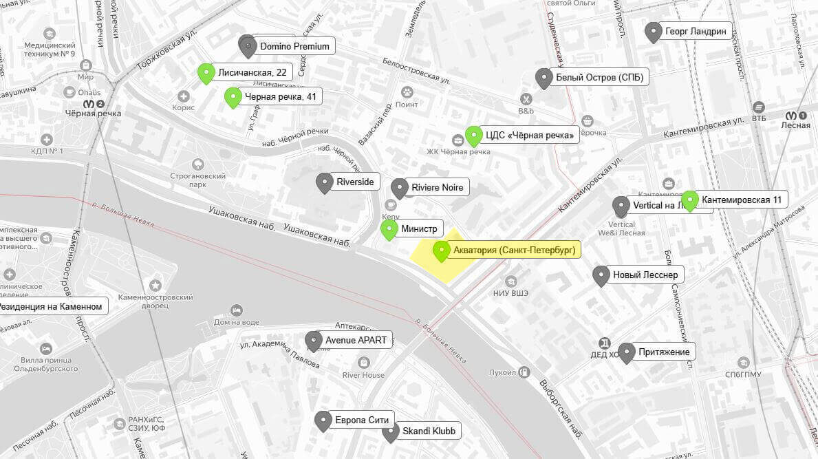 Расположение ЖК Акватория на пересечении Выборгской набережной и развязки Кантемировского моста