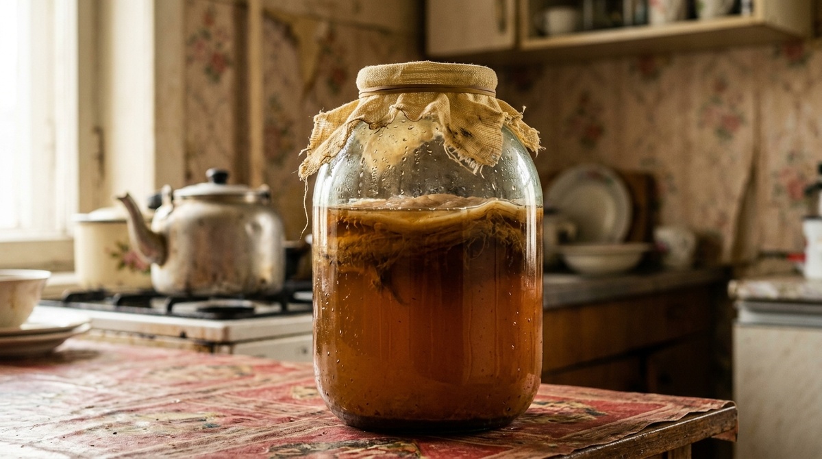 Чайный гриб в трехлитровой банке на подоконнике советской кухни