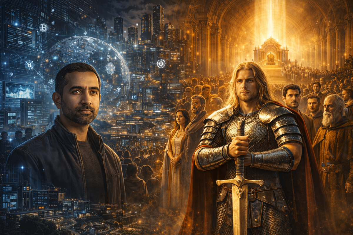 Слева — Баладжи Сринивасан как узнаваемый интеллектуал технологической эпохи, вокруг него — цифровые сети, криптовалюта, распределённые сообщества, новые города, дата-центры, архитектура “сетевого государства”, холодный свет кода и глобального управления. Справа — мир “Христоносца”: высокий светловолосый воин в каноническом образе, собранные люди, цеха, храмовая вертикаль, меч и престол Господа как символы высшего порядка, сияние Царствия. Главный смысл композиции: Баладжи пытается собрать новый мир после распада старого, а “Христоносец” претендует на нечто большее — на новый смысл истории и новое человечество.