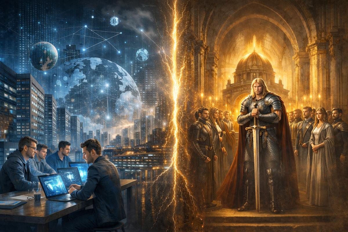 Слева — мир Баладжи Сринивасана: цифровые сети, криптографические коды, дата-центры, экраны, глобальные карты, молодые технопредприниматели, распределённые сообщества, намёк на новую форму власти без старых столиц. Справа — мир “Христоносца”: собранные люди, цеха, храмовая вертикаль, свет Царствия, дисциплина, смысл, меч и престол Господа как символы высшего порядка. В центре — напряжённая граница двух проектов будущего.