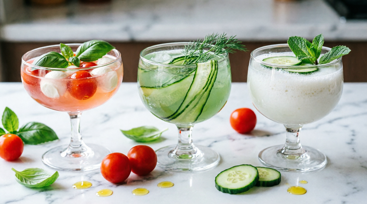 Три коктейля: розовый Caprese Spritz с моцареллой и базиликом, зелёный Salad Days с огуречной лентой и укропом, белый кремовый Tzatziki Fizz с мятой
