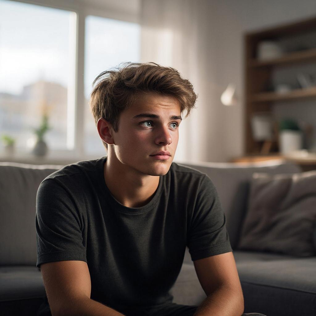 Человек сидит и думает, глядя в сторону