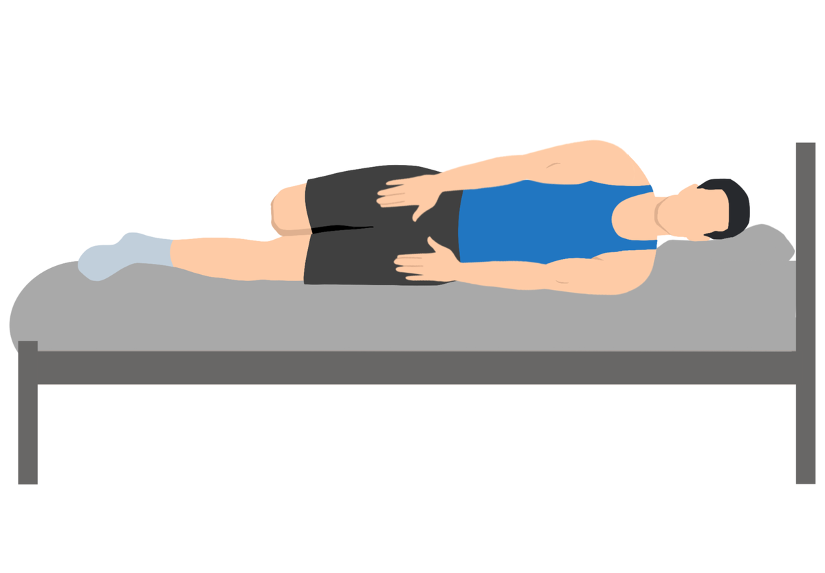 Если лежите на боку, согните ноги в коленях и сместите их так чтобы они свисали с кровати