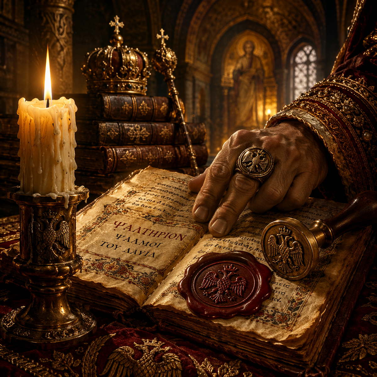 царская печать, древняя книга псалмов, свеча, псалтырь Давида, византийский дворец, рука правителя, тайные знания, власть, трон, корона, золотой интерьер, средневековая рукопись, сакральный текст, ритуал, царская библиотека, православная традиция, символ силы, империя, мистическая атмосфера