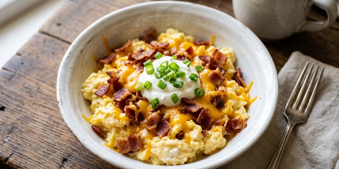 Яичница с беконом, сыром и сметаной — завтрак за 14 минут