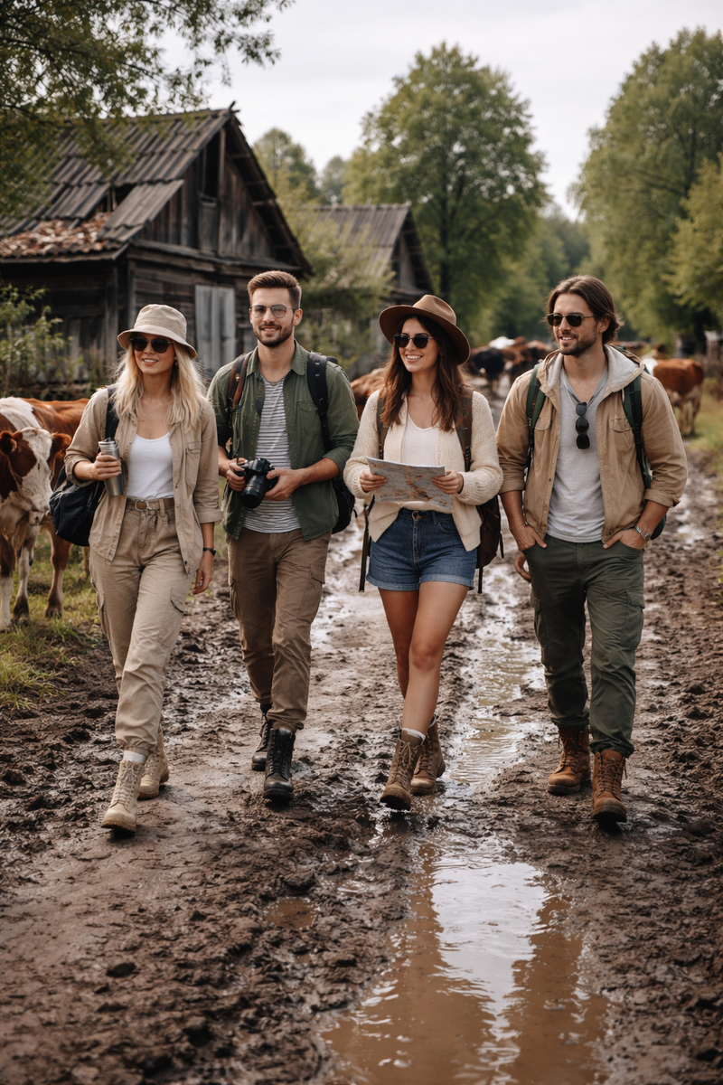 Туристы в деревне