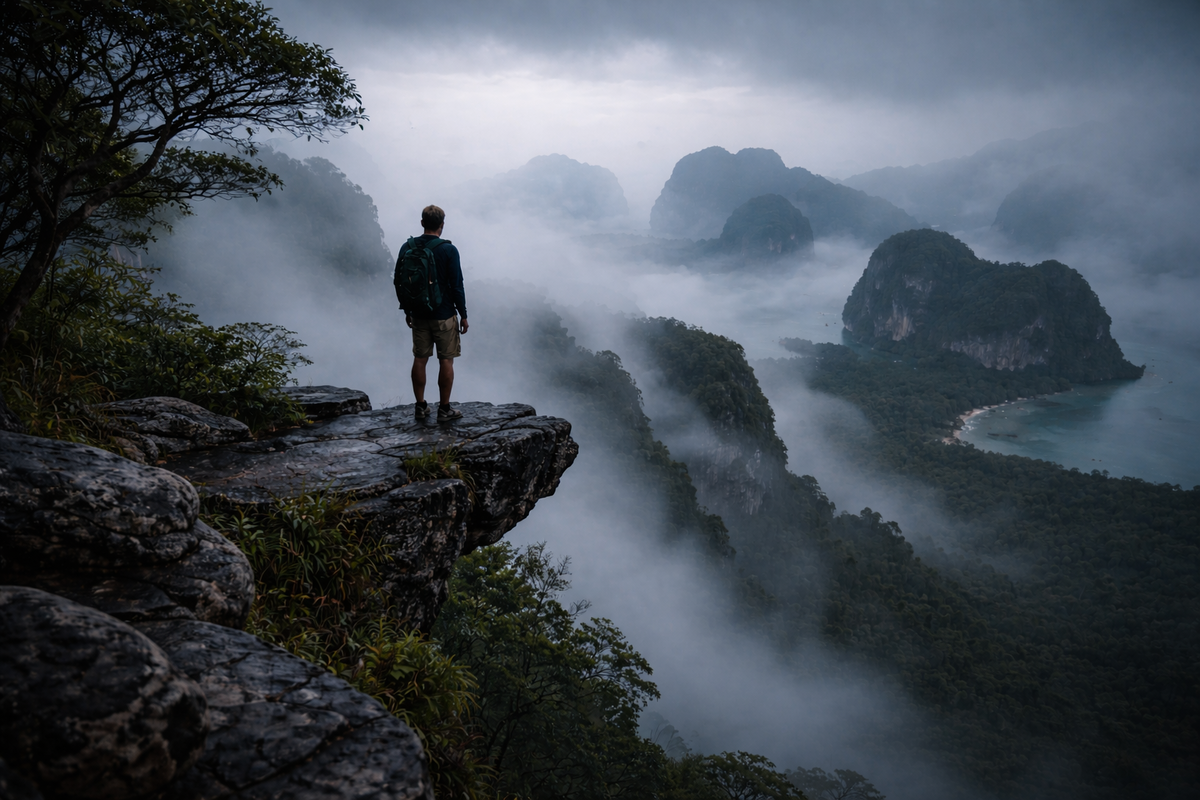 Одинокая фигура стоит на краю сырой скалы Кхао Нгон Нак, где туман растворяет глубину и гасит мир до ощущения шага в пустоту.