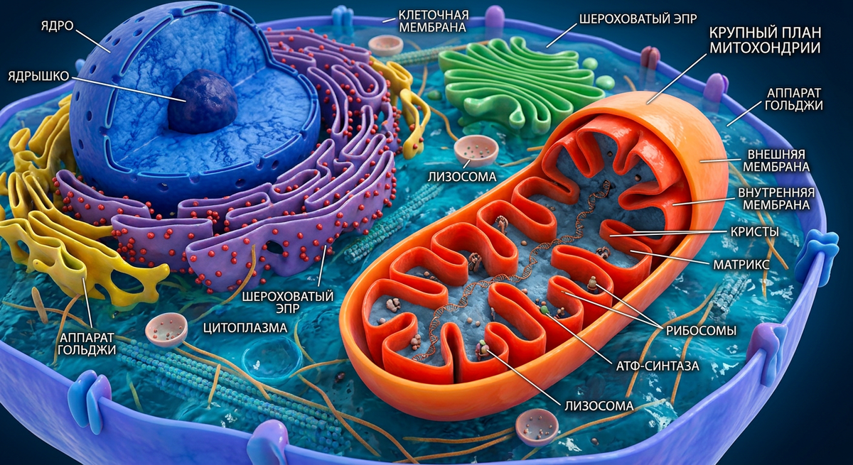 3D-модель клетка с крупным планом митохондрии в разрезе