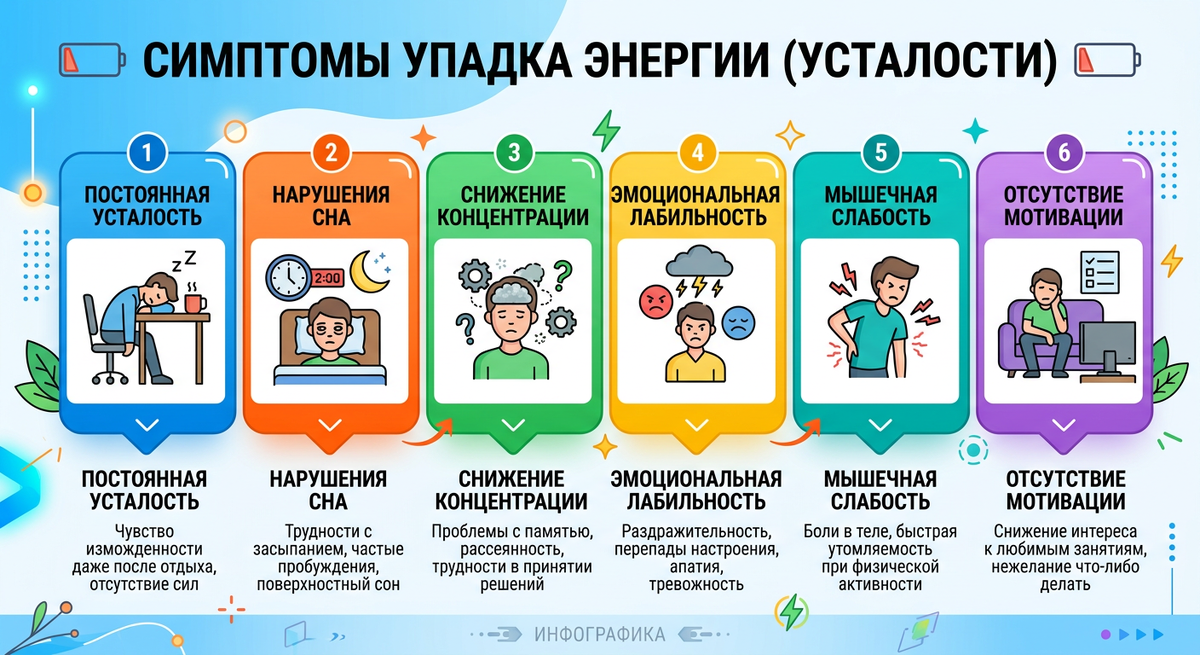  инфографика с перечисленными симптомами упадка энергии
