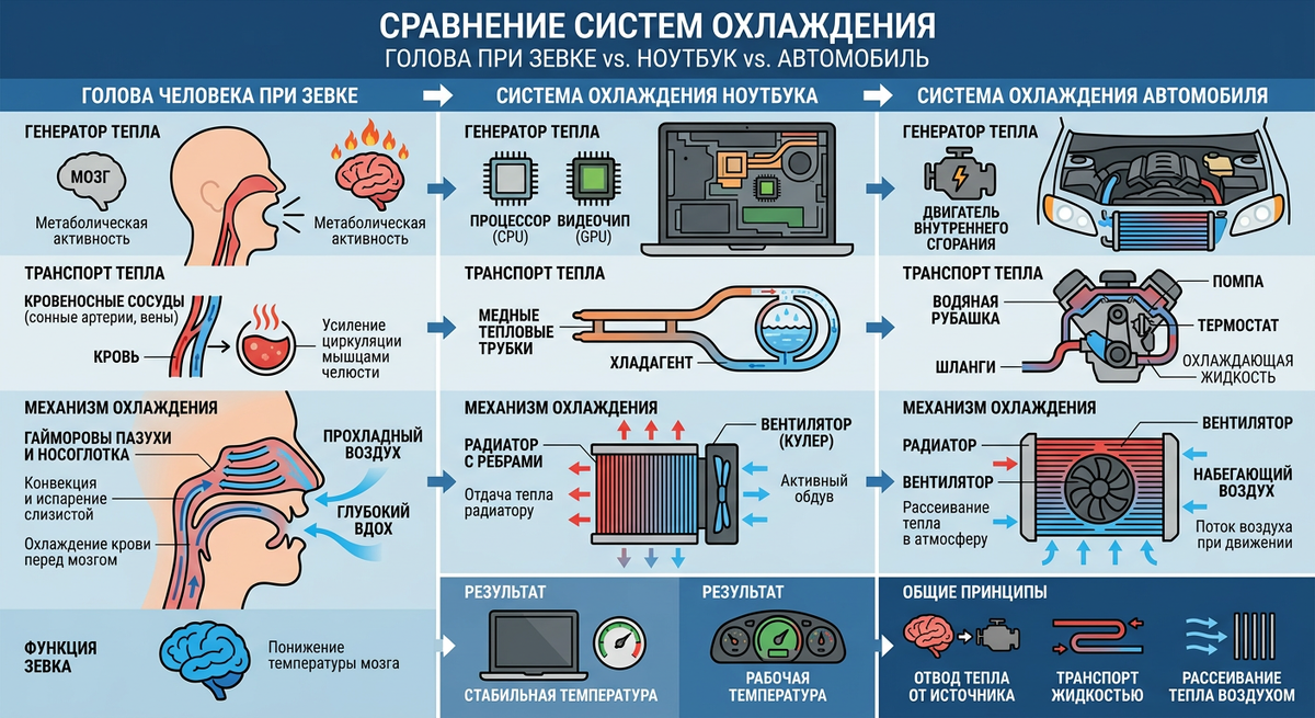 Схема/инфографика, сравнивающая кровеносную систему головы во время зевка с системой охлаждения ноутбука или автомобиля