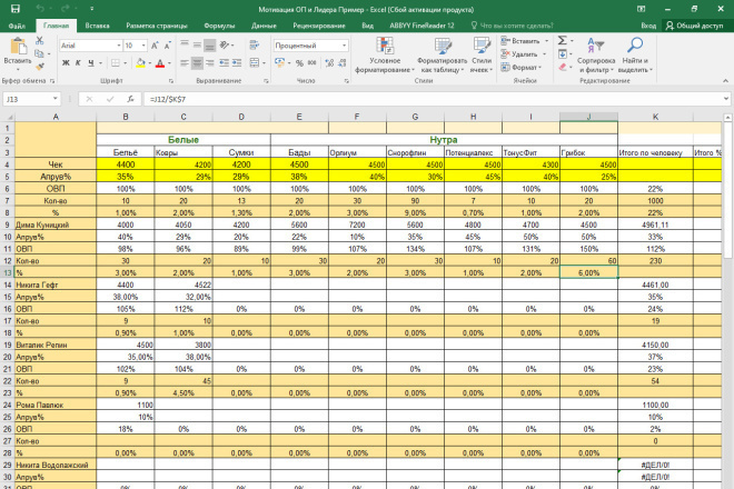 Образец таблицы Excel 