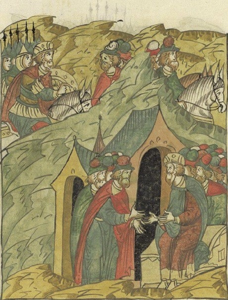 Ростиславичи склоняют на свою сторону князя ростовского Константина Всеволодовича. Миниатюра из Лицевого летописного свода, XVI век.