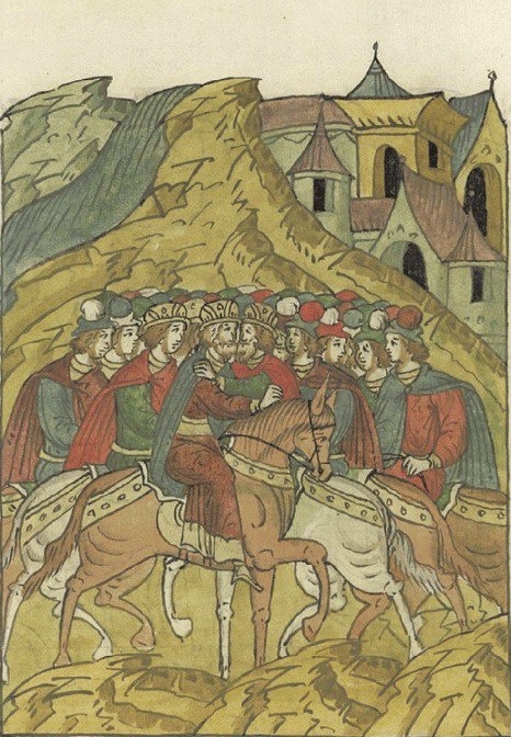 Встреча союзников в Городище на Саре. Миниатюра из Лицевого летописного свода, XVI век.