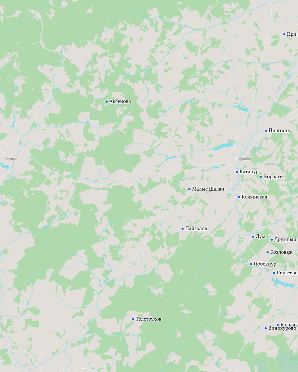 Населенные пункты Яранского уезда, где жили Винокуровы в 1891 году. Фрагмент карты взят с сайта https://familio.org/. →