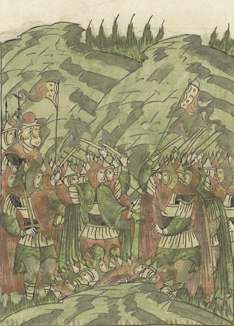 Атака новгородских пешцев.  Миниатюра из Лицевого летописного свода, XVI век.
